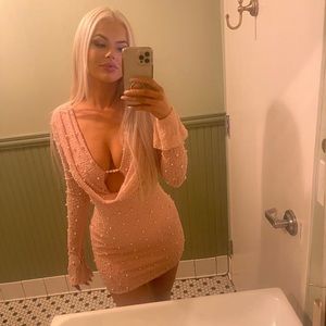 Oh Polly Long Sleeve Plunge Beaded Dress